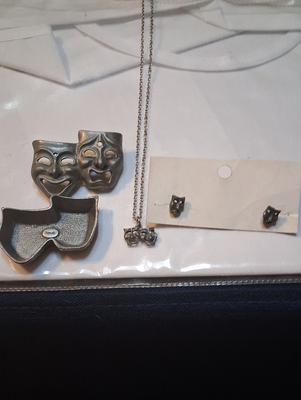 Theater Mask Jewelry Set In Pewter Comedy & Tragedy Necklace, Earrings, Broach!